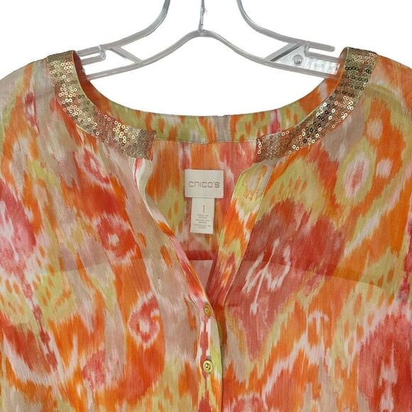 Chicos Summer Ikat Moria Top Sheer Sequin Front Tie V Neck Orange Size 1 US M - Picture 2 of 7